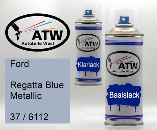 Ford, Regatta Blue Metallic, 37 / 6112: 400ml Sprühdose + 400ml Klarlack - Set, von ATW Autoteile West.
